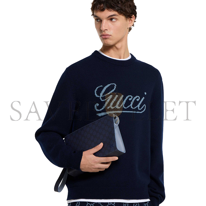 GUCCI DUSTY BLUE TRIM MEDIUM POUCH 768255 (26*18*6cm)